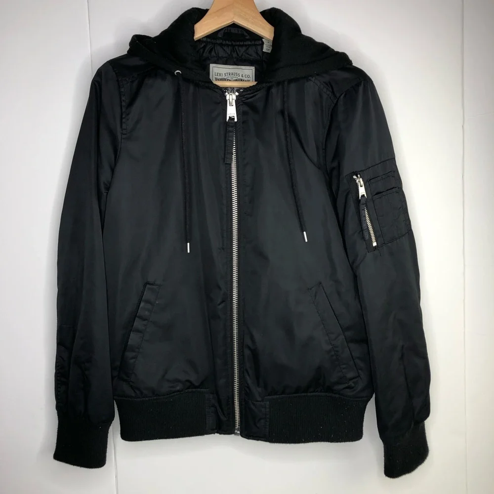 Levis Bomber Jacket Hoodie Mens Sz S Black Softshell Full Zip Hooded Quilt Lined
